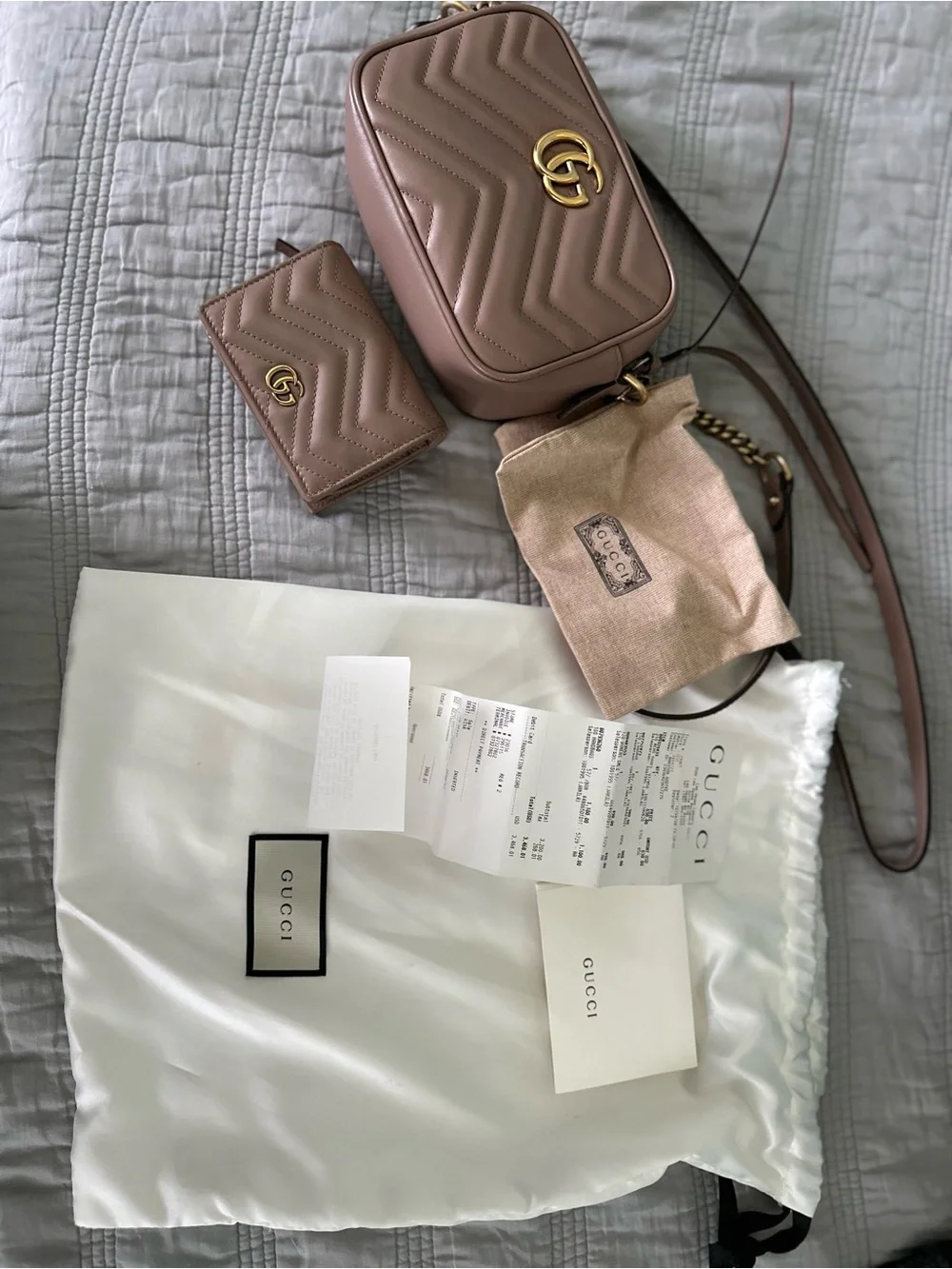 Gucci Leather Matelassé Mini Crossbody in Taupe Brown with matching wallet